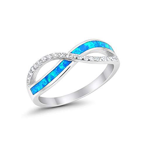 Crisscross Infinity Ring Lab Created Blue Opal Round Simulated CZ 925 Sterling Silve