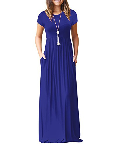 Kidsform Women's Short Sleeve Maxi Dresses Casual Plain Solid Loose Long Dresses Kaftan with Pockets Blue S