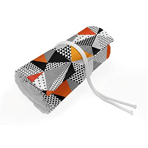 Ambesonne Geometric Roll Up Pencil Holder, Polygonal Pattern Checkered Design Triangles and Lines Pattern Modern Art, Painting Drawing Pencils Case for Artists Students, 48 Loops, Orange Black White