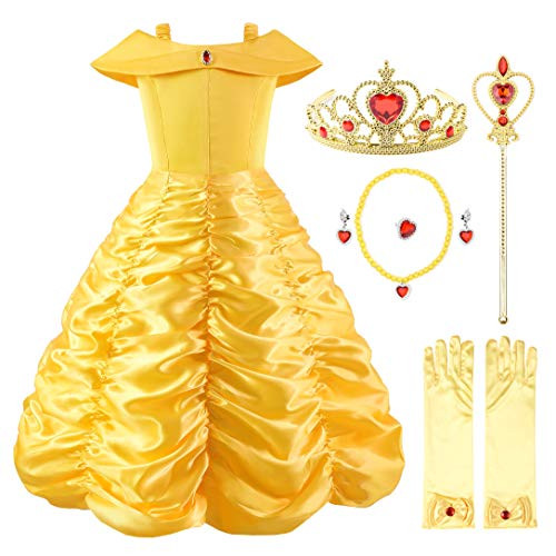 Ohlover Little Girls Princess Off Shoulder Layered Costume Dress with Accessories -9-10 Years, Yellow with Accessories-