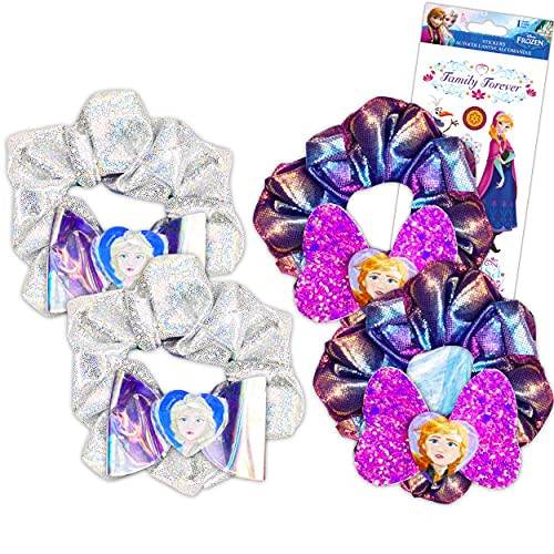 Disney Frozen Scrunchies Frozen Hair Accessories ~ 4 Pack Frozen Scrunchies for Girls Party Favors with Stickers -Frozen Party Supplies Bundle-