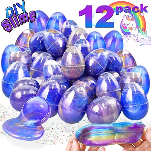 12Pcs Easter Slime Eggs Unicorn Slime Putty Galaxy Slime Kit Easter Basket Stuffers Sensory Fidget Toys Fluffy Slime Kids Stress Relief Toy Balls Non Sticky Anxiety Relief Kids Easter Party Favors