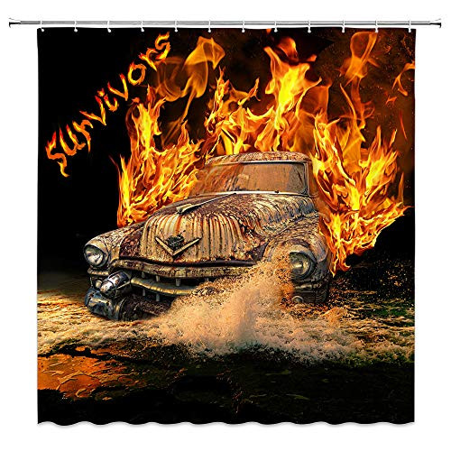 AMFD Car Shower Curtain Cool Fire Old Unique Car Orange Black Bathroom Curtains Polyester Fabric Waterproof 70 X 70 Inches Include Hooks