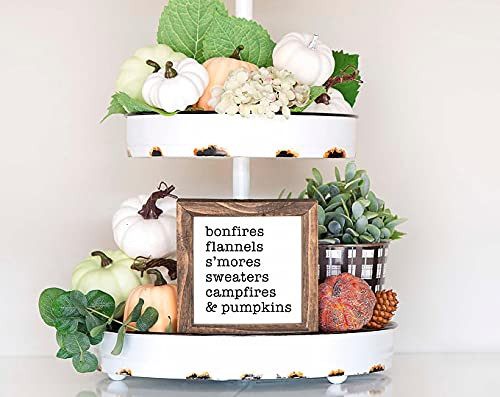 PotteLove 7" x 7" Framed Wooden Sign Bonfires Flannels Smores Fall Things Wooden Sign Farmhouse Halloween Fall Tiered Tray Mini Sign Decor Kitchen Sign