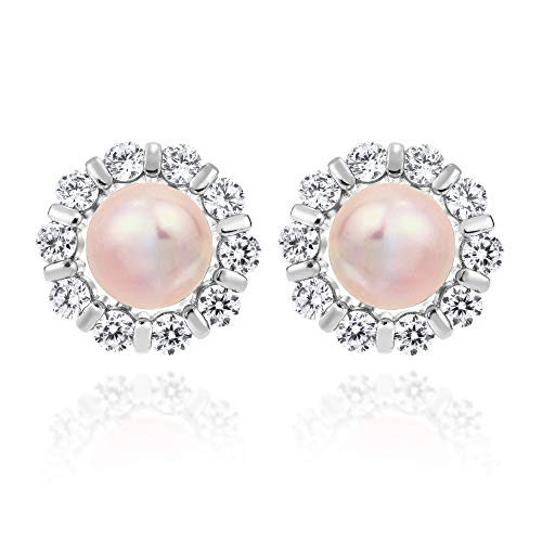 Glowing Cubic Zirconia Vintage Round Pink Cultured Freshwater Pearl .925 Sterling Silver Stud Earrings