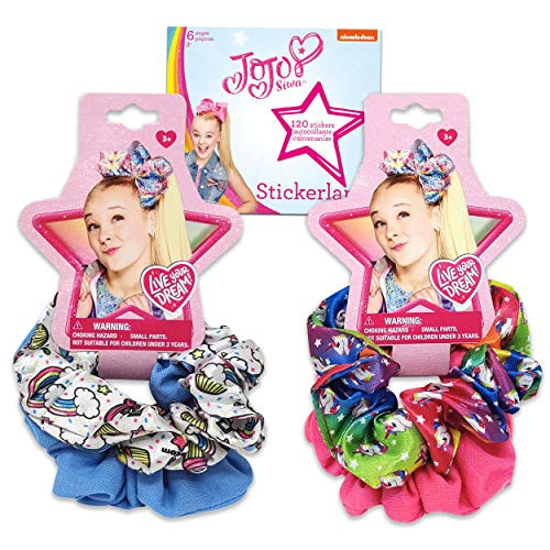 JoJo Siwa Scrunchies for Girls Hair Party Favors ~ 4 Pack JoJo Siwa Hair Accessories with Bonus Stickers -JoJo Siwa Party Supplies Bundle-