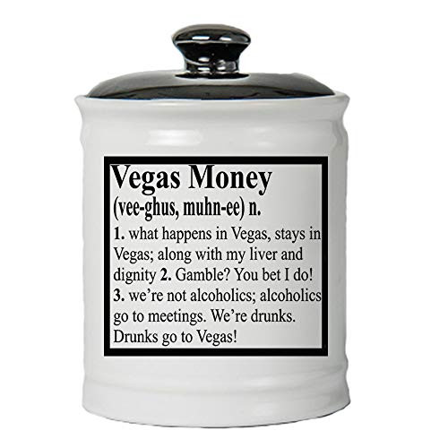 Cottage Creek Piggy Bank, Vegas Fund Definition Jar, Round Ceramic Las Vegas Fund Coin Bank with Black Lid, Casino Slots Savings Bank [White-