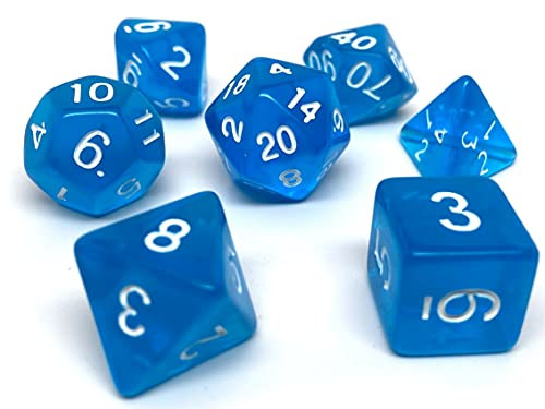Translucent Polyhedral Dice Set - 7 Piece Dice Set with One D20, D12, D10, D8, D6, D4, and D00 -Blue with White Font-