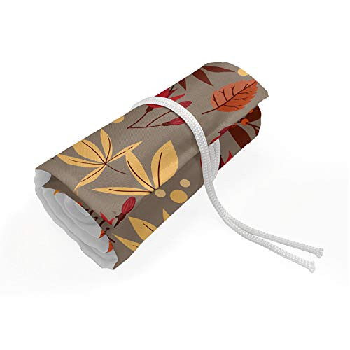 Ambesonne Burnt Orange Pencils Case Wrap Roll Holder, Cartoonish Autumn Leaves Acorns and Berries Seasonal Nature Foliage, Durable  and  Portable Canvas Pencil Organizer, 48 Loops, Umber and Multicolor