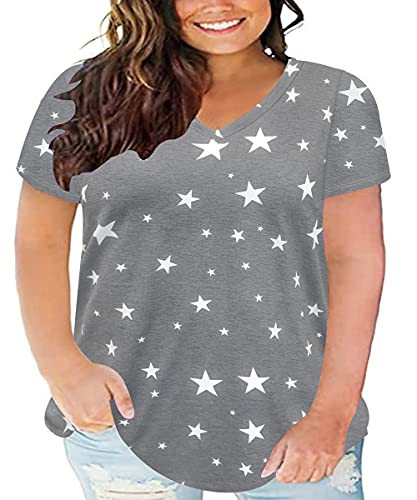 Ritera Women's Plus Size Blouses V neck camo star Casual Summer Loose Fit Blouses Flowy Shirts T-Shirts Short Sleeve Top grey gray white star 3XL 22w 24w