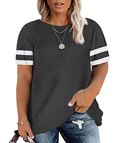 CARCOS Womens Plus Size Summer Tops 4X Color Block Shirts Short Sleeve Dark Grey Tees Crewneck Casual Striped Tunics Loose Fit Blouse 4XL 24W 26W