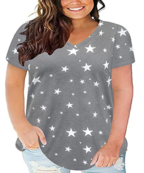 CARCOS 3X Plus Size Tops for Women Star Printed Tunics Short Sleeve Summer Shirts Basic V Neck Blouses Casual Loose Fit Grey 3XL 22W 24W