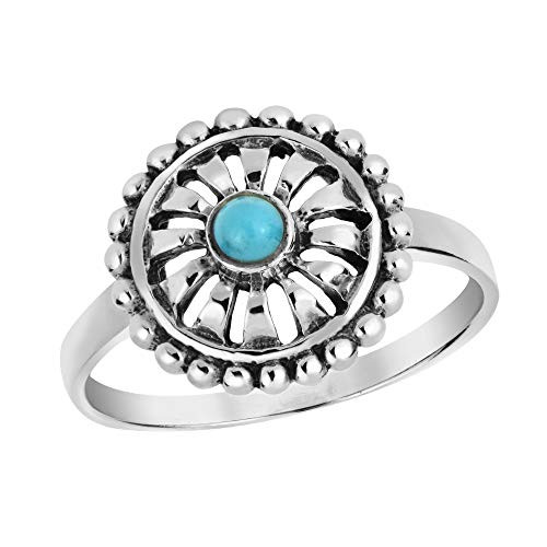 AeraVida Victorian Inspired Flower Round Simulated Turquoise Inlay .925 Sterling Silver Ring -8-