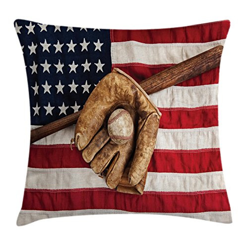 Ambesonne Baseball Throw Pillow Cushion Cover, A Vintage Sport League Equipment USA Grunge Glove Bat Fielding Activity Theme of an Artwork, Decorative Square Accent Pillow Case, 24" X 24", Brown Red