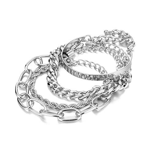 IFKM Silver Bracelets for Women, Silver Dainty Layered Chain Bracelets Adjustable Cute Bangle Link Bracelet Set -4PCS Silver-