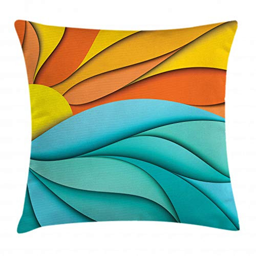 Lunarable Sun Throw Pillow Cushion Cover, Abstract Sunset and Sunrise Concept with Ocean Sea Waves Backdrop, Decorative Square Accent Pillow Case, 36" X 36", Turquoise Orange