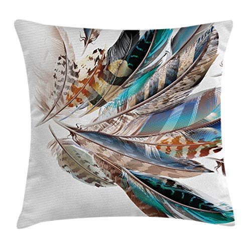 Ambesonne Feathers Throw Pillow Cushion Cover, Vaned Types and Natal Contour Flight Bird Feathers and Animal Skin Element Print, Decorative Square Accent Pillow Case, 26" X 26", Teal Brown