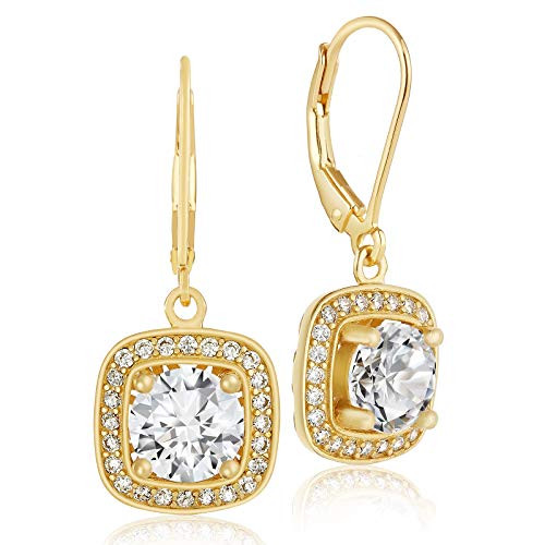 Lusoro 925 Sterling Silver Gold Plated Square AAA Cubic Zirconia Round Halo Leverback Dangle Earrings