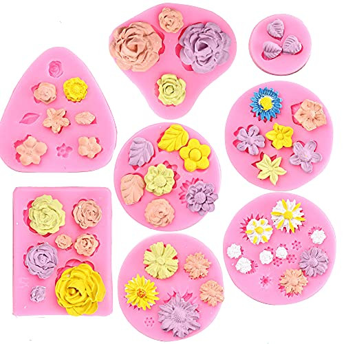 Flower Fondant Cake Molds-8 Pcs-Daisy, Rose, Chrysanthemum and Small Flower Leaf, Candy Silicone Molds for Chocolate Fondant Polymer Clay Soap Crafting Projects  and  Cake Decoration