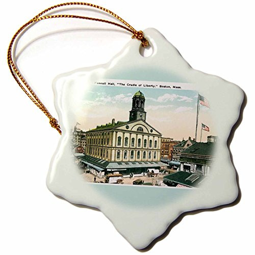 3dRose Faneull Hall, The Cradle of Liberty Boston Street Scene Snowflake Ornament, 3"
