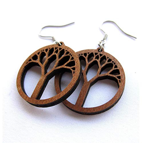 Wooden Earrings Tree of Life, Laser Cut Hoop Earrings with Hypoallergenic Ear Wire, Yoga Spiritual Jewelry