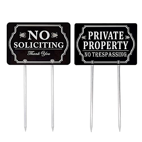 Kichwit No Soliciting Sign for Yard, Aluminum, Private Property No Trespassing Sign, Measures 11.8" x 7.9", 14" Long Metal Stakes Included