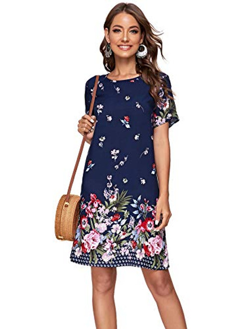 Romwe Women's Short Sleeve Floral Print Casual Loose Tunic Swing Summer Shirt Dress Navy1 XL Romwe Women's Short Sleeve Floral Print Casual Loose Tunic Swing Summer Shirt Dress Navy1 XL