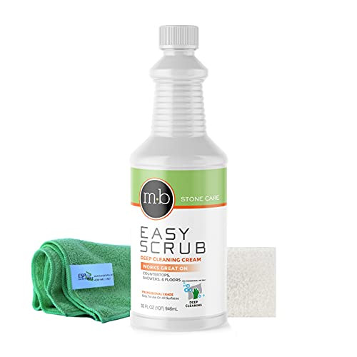 MB Stone Care Easy Scrub Deep Cleaning Cream for Countertops, Showers and Floors, Works on Marble, Granite, Engineered Quartz, Glass Tile  and  More -1 Quart- | White Scrubbing Pad |  and  Microfiber Towel | Kit