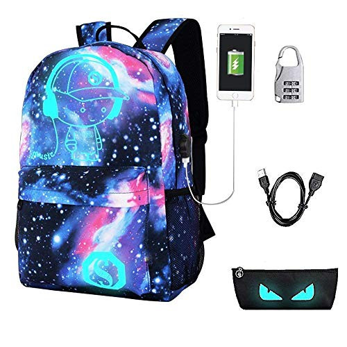 Lmeison Anime Cartoon Luminous Backpack with USB Charging Port and Lock &Pencil Case, Unisex Fashion Galaxy Daypack Shoulder Rucksack Laptop Travel Bag College Bookbag