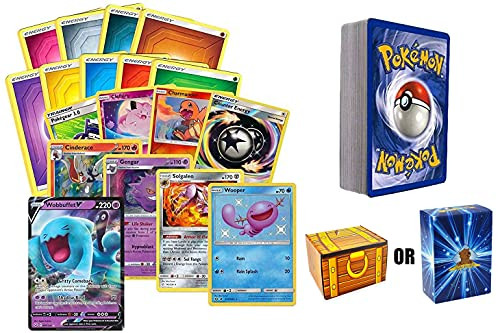 50 Assorted Pokemon Cards - 1 V Ultra Rare, 4 Holographic Cards, 5 Rare Cards, and 40 Common/Uncommon Cards Includes Golden Groundhog Treasure Chest Box