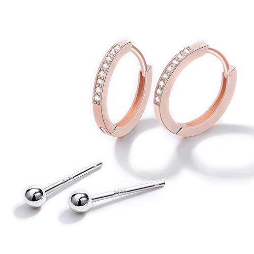 AoedeJ Sterling Silver Earrings Set Huggie Hoop Earrings Ball Stud CZ Cuff Earrings Hypoallergenic Cartilage Earrings Set -Rose-Gold 10MM-