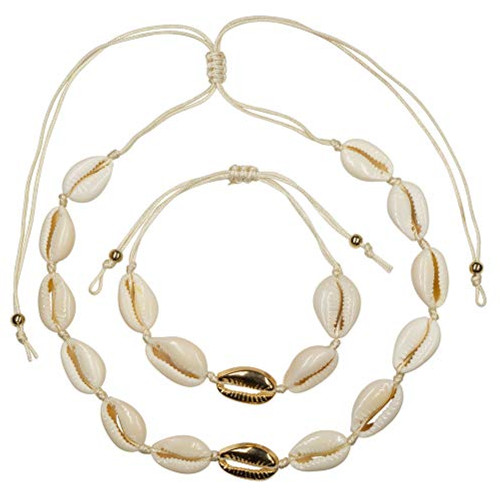 Cowrie Shell Gold Necklace Set, Puka Shell Necklace, Adjustable Seashell Choker Necklace for Women with Sea Shell Anklet Bracelet - Beach, Hawaiian Boho Jewelry
