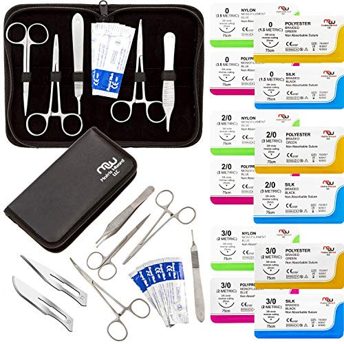 Mixed Suture Threads with Needle Plus Tools - Medical Students Suture Kit, Practice Suturing; Surgical Training, First Aid Emergency Demo, Veterinary Use -12 Mixed Sutures with 12 Tools- 24PK Total