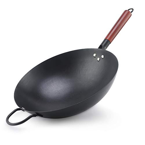 COUNER Carbon Steel Wok, Stir Fry Round Bottom Pan, Chinese Hand Hammered Wok Pan with Detachable Wooden and Steel Helper -EAR14''-