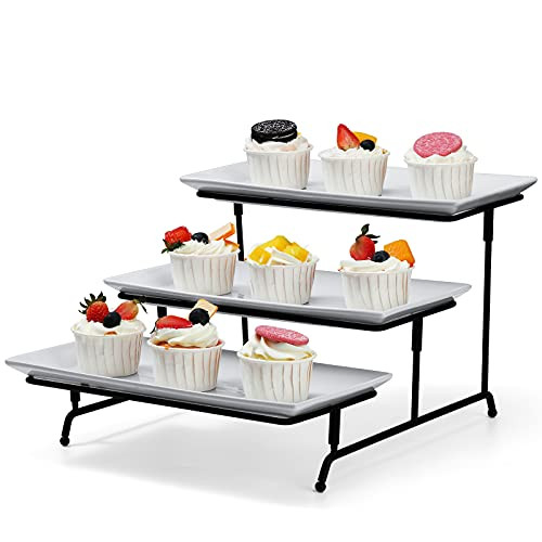 Yedio 3 Tier Rectangular Serving Platter, Porcelain 3 Tier Serving Tray for Fruit Dessert Display, Durable 3 Tier Serving Stand, Dishwasher Safe