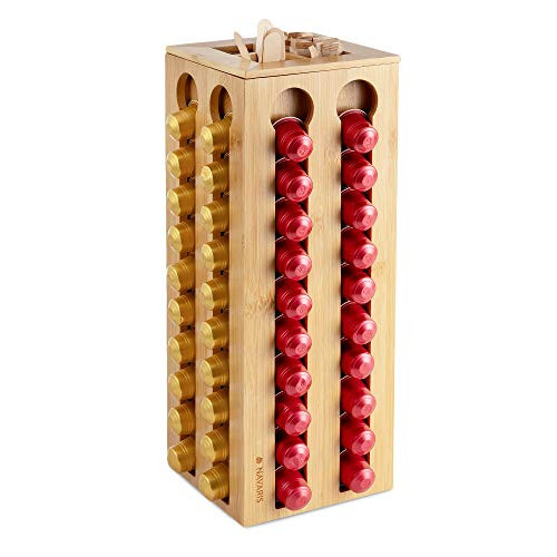 Navaris Bamboo Coffee Capsules Holder - Coffee Pod Stand Compatible with Nespresso Capsule Pods - Revolving Coffee Capsule Storage Dispenser Stand