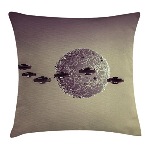 Ambesonne Galaxy Throw Pillow Cushion Cover, Small Planet Under UFO Death Star Fictional Outer Space Themed Pattern, Decorative Square Accent Pillow Case, 20" X 20", Brown Grey
