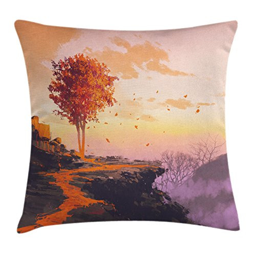 Ambesonne Fantasy Throw Pillow Cushion Cover, Autumn Tree with Shady Falling Leaves in Wind on Top of Mountain Art, Decorative Square Accent Pillow Case, 20" X 20", Orange Purple