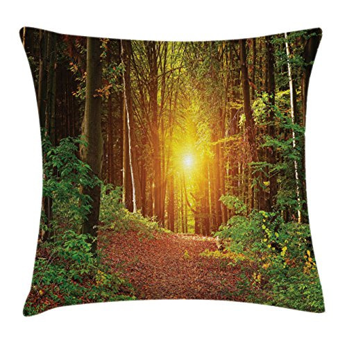 Ambesonne Forest Throw Pillow Cushion Cover, Reflection Deep in The Forest Birches Trees Nature Fall Fantasy Scenery, Decorative Square Accent Pillow Case, 20" X 20", Green Brown