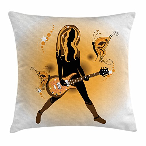 Ambesonne Popstar Party Throw Pillow Cushion Cover, Girl Silhouette with Hairstyle and Butterflies Playing Guitar, Decorative Square Accent Pillow Case, 20" X 20", Orange Brown Dark Brown