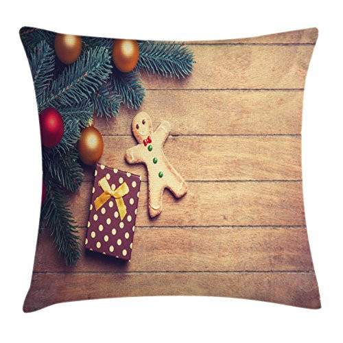 Ambesonne Gingerbread Man Throw Pillow Cushion Cover, Pine Branches Delicious Cookie and Present on Wood Planks, Decorative Square Accent Pillow Case, 20" X 20", Pale Brown Hunter Green Red