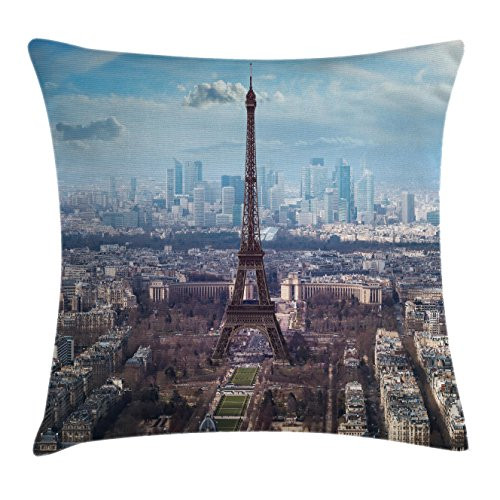 Ambesonne Eiffel Tower Throw Pillow Cushion Cover, Aerial View of Eiffel Tower Clear Day Boulevard Busy Town Park Skyscrape, Decorative Square Accent Pillow Case, 20" X 20", Pale Blue Brown