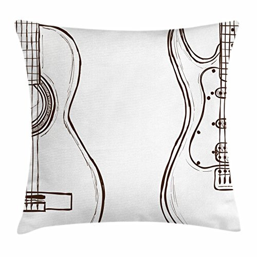 Ambesonne Guitar Throw Pillow Cushion Cover, Hand Drawn Monochrome Doodle Illustration of Instruments of 2 Kinds Music, Decorative Square Accent Pillow Case, 20" X 20", Dark Brown White