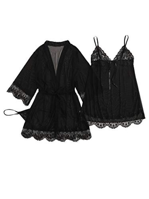 SOLY HUX Women's Plus Size 3 Piece Lace Mesh Lingerie Babydoll Chemise Sleepwear with Belted Robe Black 3XL SOLY HUX Women's Plus Size 3 Piece Lace Mesh Lingerie Babydoll Chemise Sleepwear with Belted Robe Black 3XL