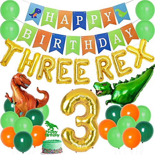 Dinosaur 3rd Birthday Decorations Three Rex Birthday Party Decorations for Boy Dinosaur Birthday Party Supplies 3 Year Old - 3 Rex Balloon Dino Cake Topper Happy Birthday Banner