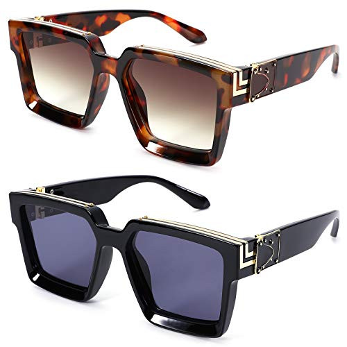 Thick Frame Square Sunglasses for Men Women Retro Sun Glasses UV400 Protection Fashion Trendy Style -Black Gray  plus Tortoise Brown-