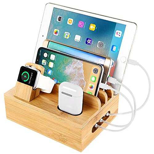 Bamboo Charging Station Dock for 4/5 / 6 Ports USB Charger,Desktop Docking Station Organizer for Cellphone,Smart Watch,Tablet-No Power Supply-