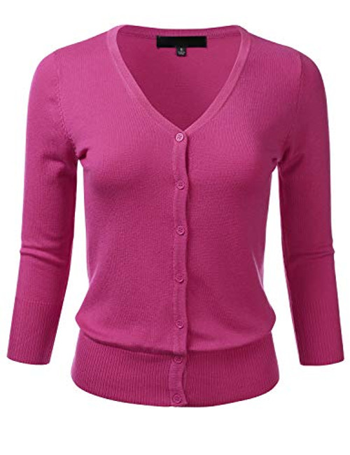 FLORIA Women's Button Down 3/4 Sleeve V-Neck Stretch Knit Cardigan Sweater Magenta M