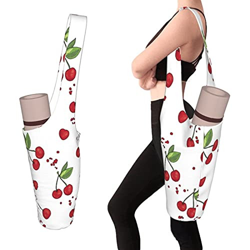 OcuteO Yoga Bags and Carriers Fits All Your Stuff Red Cherries On A White Background with Spots Yoga Mat Bag Holder, Yoga Equipment Bag for Women, Mat Storage Tote Bag, Gym Yoga Carrying Bag