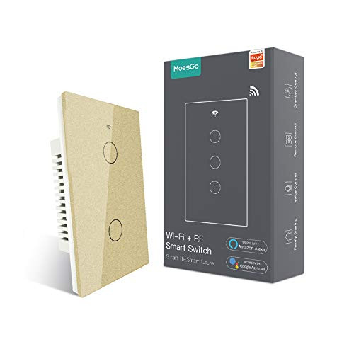 MoesGo WiFi Smart Wall Light Switch with Single Pole or Multi-Control Association-3 Way-, Relay Status Optional,Work with Smart Life/Tuya App,RF433 Remote Control,Alexa and Google Home Gold-2 Gang-